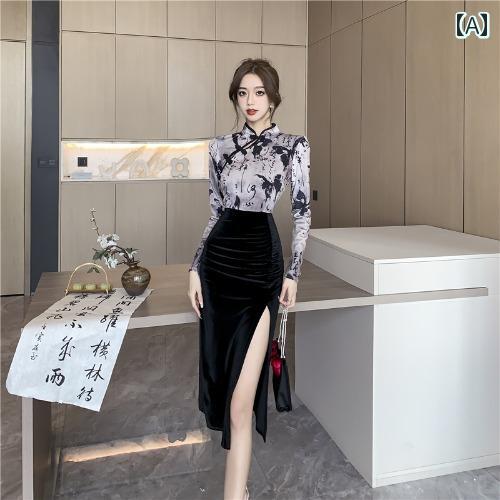 レディース ファッション レトロ 起毛 プリント 中国 ガール チャイナドレス 魅惑 スリットドレス レディース ファッション レトロ 起毛 プリント 中国 ガール チャイナドレス 魅惑 スリットドレス