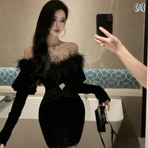 レディース ファッション 襟 魅惑 ワンショルダー ランタンスリーブ 社交界 フレンチ 起毛 ヒップ ハグ ドレス