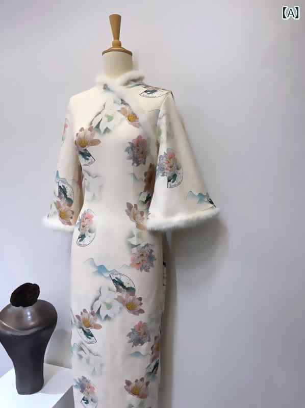 レディース ファッション チャイナ風 秋冬 厚手 逆 大きめ 袖 チャイナ ドレス 長袖 ウエスト カバー ヒップ ドレス ロング プリント