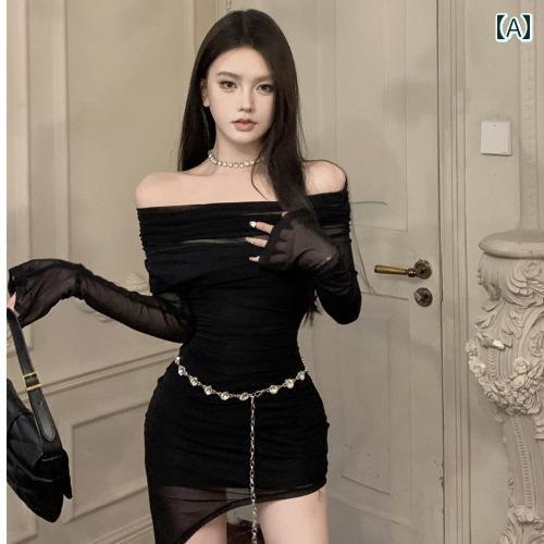 レディース ファッション 不規則 魅惑 ワンショルダー 甘くて イシー ウエスト 締める メッシュ ヒップ カバー ドレス