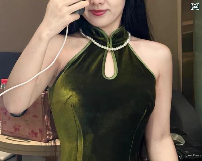 レディース ファッション 秋 香る 緑 秋冬 厚手 起毛 美白 チャイナ ドレス ウエスト ホルター ドレス