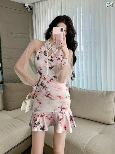 レディース ファッション フレッシュ スリム 軽量 涼しい 贅沢 メッシュ ステッチ レトロ チャイナ風 ドレス フィッシュテール ドレス レディース ファッション フレッシュ スリム 軽量 涼しい 贅沢 メッシュ ステッチ レトロ チャイナ風 ドレス フィッシュテール ドレス