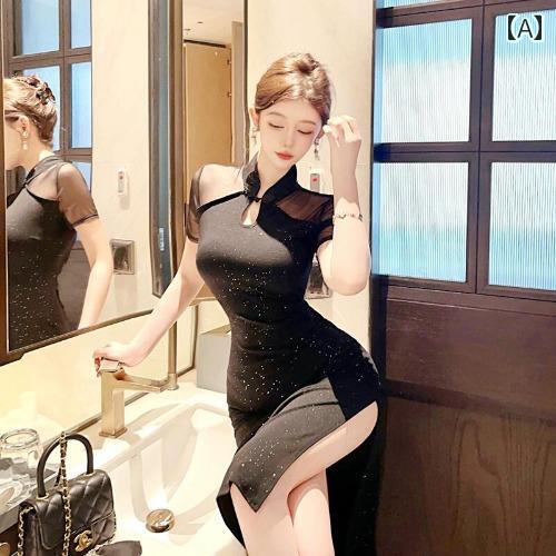 レディース ファッション 魅惑 ガール メッシュ レトロ チャイナ風 ドレス スリム 尻 ドレス