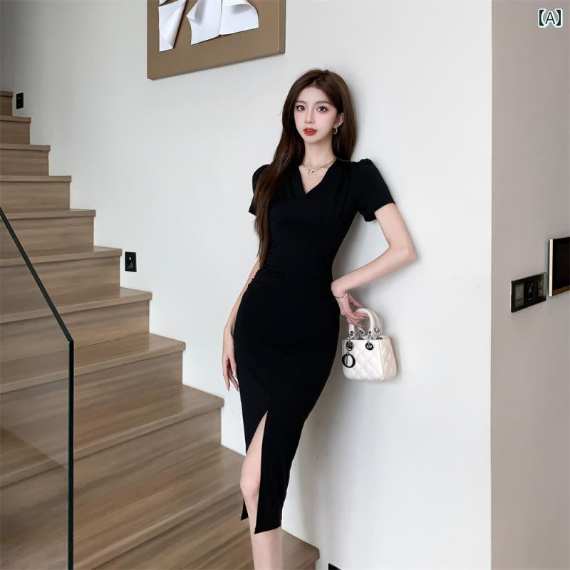 レディース ファッション 軽やか 洗練 風 フレッシュ スリム 見せま レトロフレンチ 魅惑 スリット ヒップ ラップ ドレス