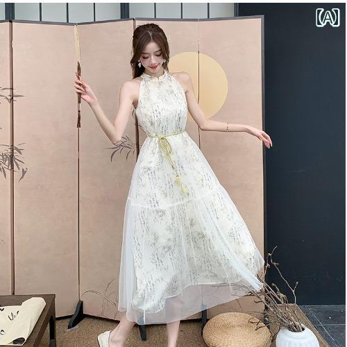 レディース ファッション レトロ 優しい 甘くて フレッシュ チャイナ風 プレート ボタン プリント メッシュ ロング ドレス