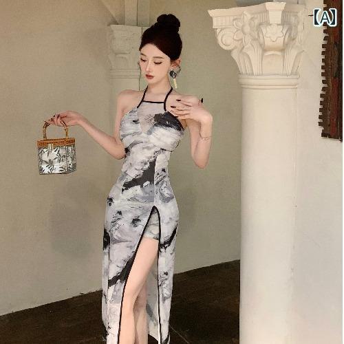 レディース ファッション レトロ 中国 ガール 魅惑 ホルターネック チャイナ ドレス プリント スリットドレス ショーツ 2点 セット