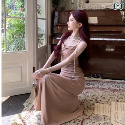 レディース ファッション プリーツ スリム フレンチ サスペンダー フィッシュテール ドレス