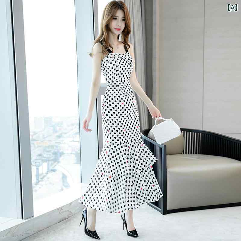 レディース サスペンダー スカート 夏 服 魅惑 ロング スカート 膝上 フィッシュテール 水玉 スリミング ヒップ ドレス