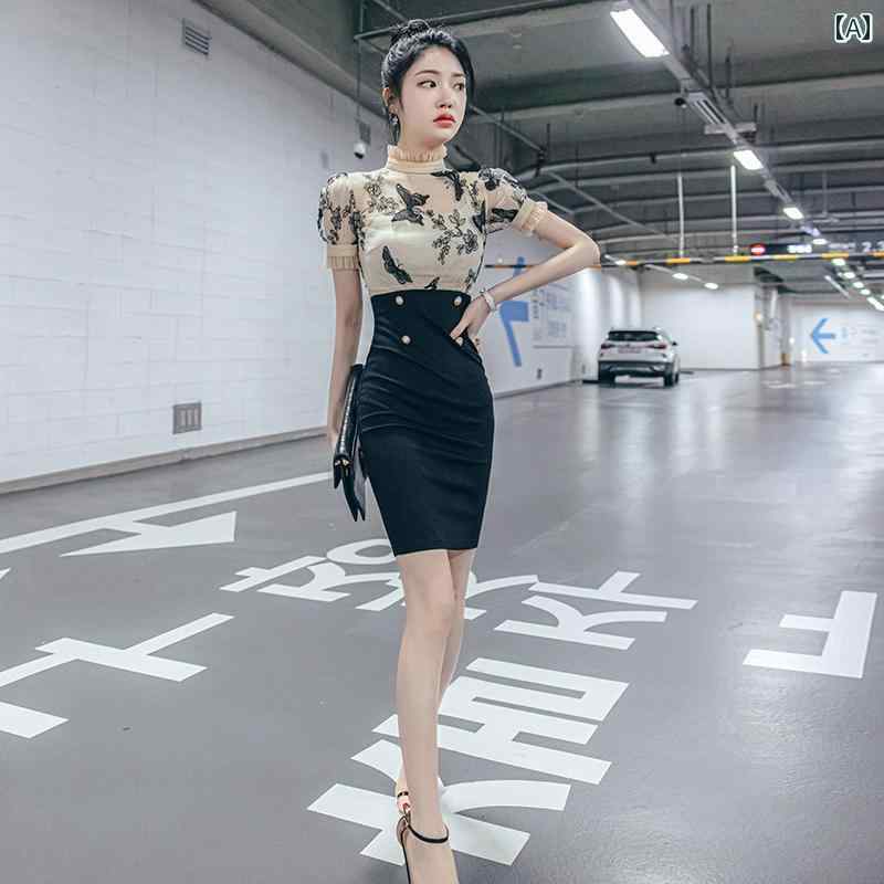 レディース 夏 パッチワーク ウエスト スリム 魅惑 社交界 半袖 ヒップ カバー スカート(4)