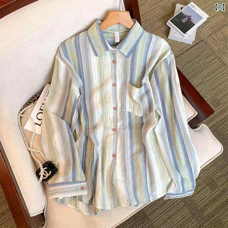 韓国 対照 縦 ストライプ 日焼け防止 シャツ レディース 夏 長袖 インナー レイ ヤード シャツ ジャケット