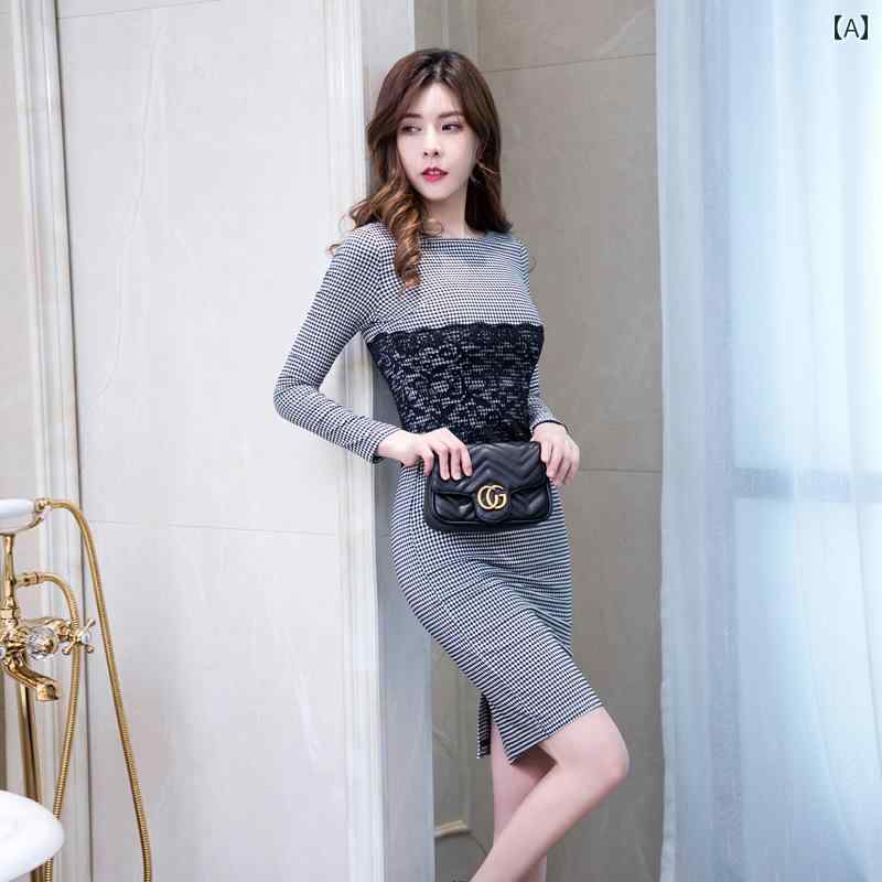レディース 春秋服 社交家 スリム ウエスト フェミニン 千鳥格子 ヒップ カバー ドレス