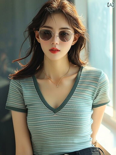 レディース グレー グリーンストライプ 半袖 Tシャツ ウエスタンシャツ フランス 美しい トップスス レディース グレー グリーンストライプ 半袖 Tシャツ ウエスタンシャツ フランス 美しい トップスス