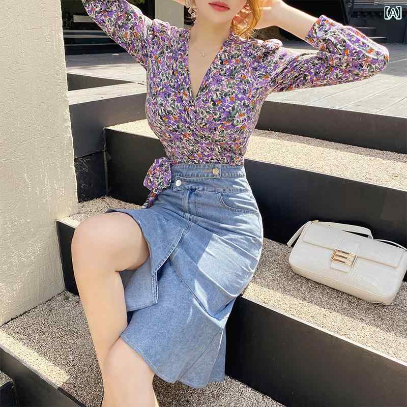 レディース セットアップ 花柄 Vネック ストラップ トップスス 不規則 デニムスカート カジュアル 2点 セット