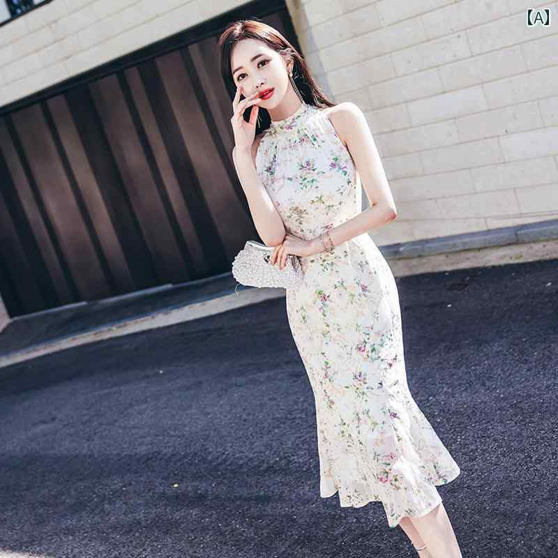 レディース キキョウ フランス スカート 夏 魅惑 ホルターネック 花柄 シフォン ヒップ ドレス(4)