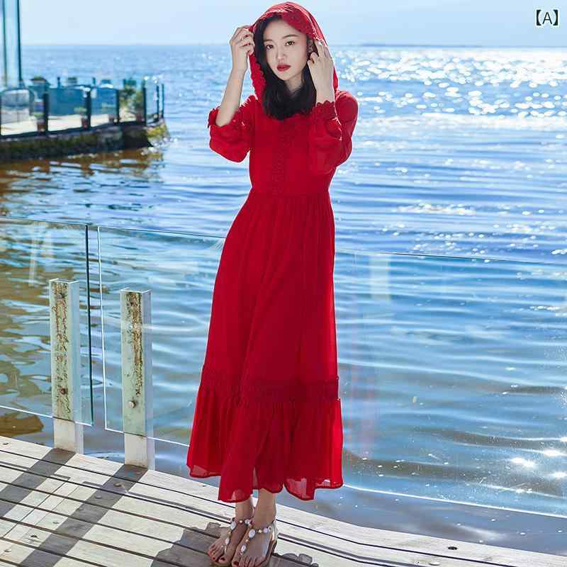 レディース 海辺 休暇 ビーチ ドレス 大きめ 赤 ドレス 砂漠 赤 ドレス 青 海 湖 旅行 写真 ロング ドレス