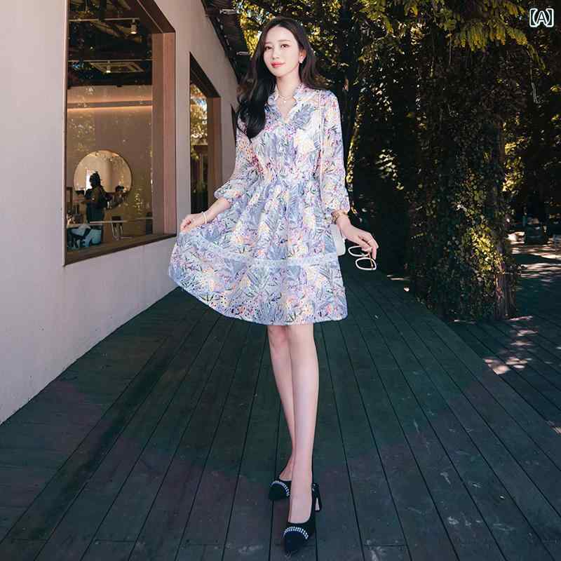 レディース 秋冬 感 花柄 aライン スカート シック 美しい 長袖 ドレス