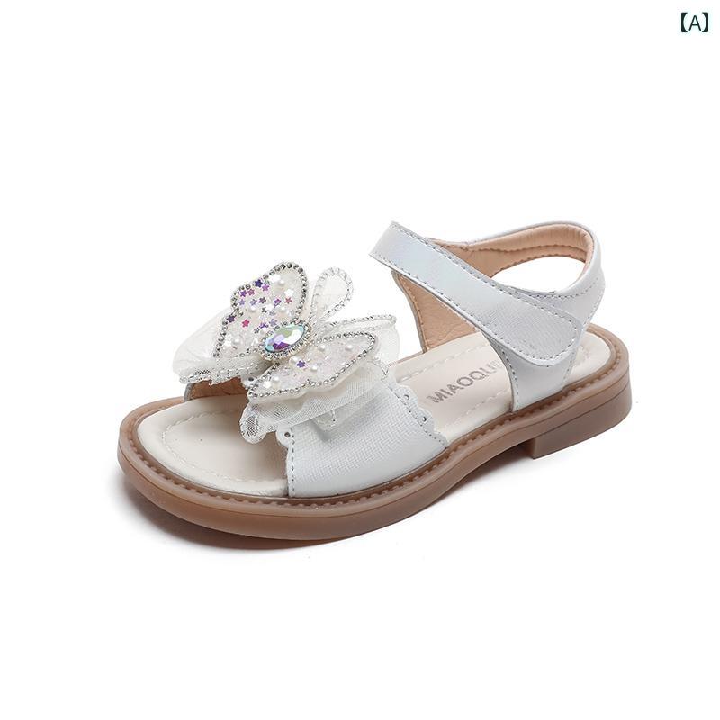 女子 素 晴 オープントゥ サンダル 革 夏 小さめ ソフト ソール ラインストーン 子供 プリンセス シュ..