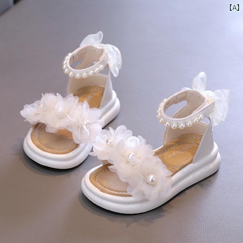 女子 サンダル パール レース プリンセス シューズ 夏 子供 オープントゥ ビーチ ローマ 靴