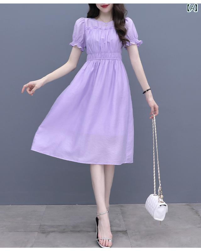 レディース フレンチ テンセル ドレス ストレッチ ウエスト スリムフィット パープル シフォンスカート 夏