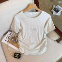 レディース 夏 服 レトロ 刺繍 リボン 右 肩 半袖 Tシャツ イン ショート トップスス 小柄