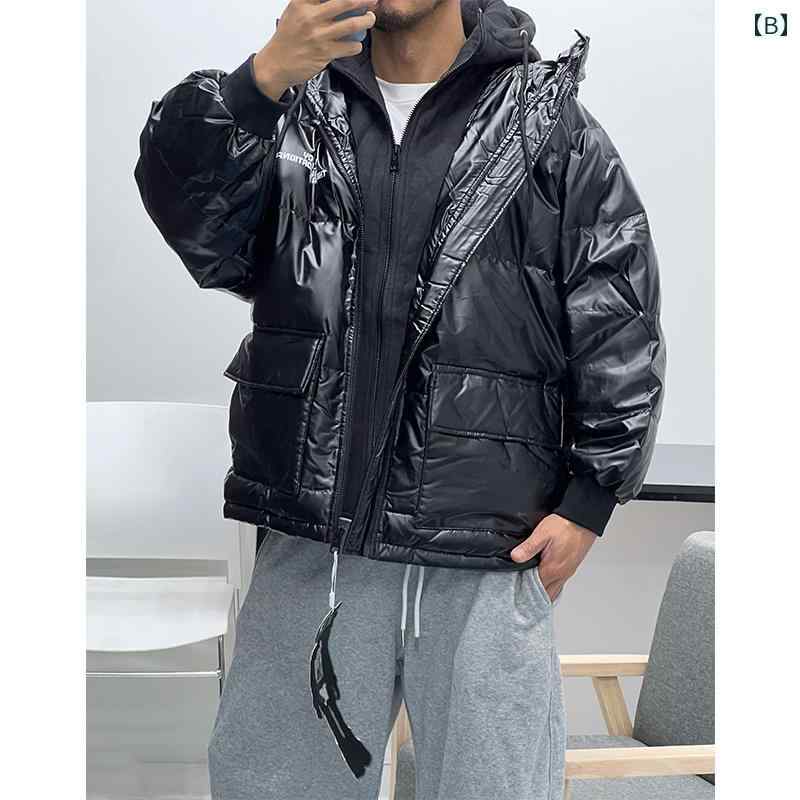 メンズ 極 厚 ダウン フーデッド コート フェイク セットアップ 暖かい レーザー 軽量 涼しい 秋冬 ブレッド コート 丈 ダウン