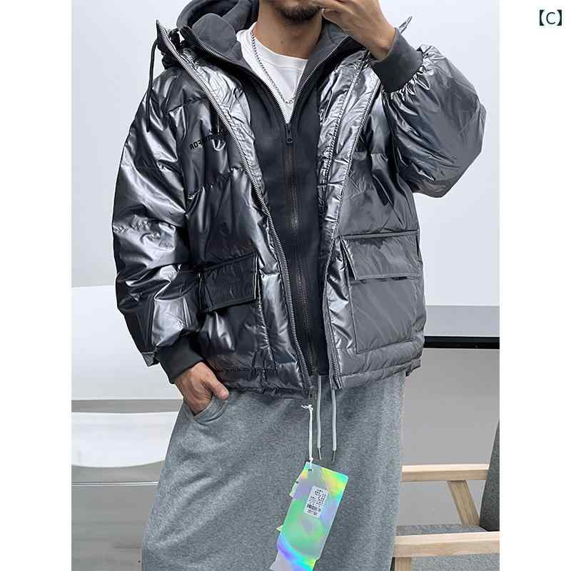 メンズ 極 厚 ダウン フーデッド コート フェイク セットアップ 暖かい レーザー 軽量 涼しい 秋冬 ブレッド コート 丈 ダウン
