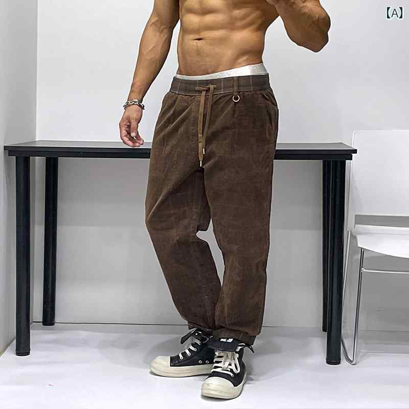 メンズ ヤッピー ダーク チェック コーデュロイ ストレート スリム ストレッチパンツ トレンド 秋冬 微 ストレッチ ゆったり ウエスト カジュアル