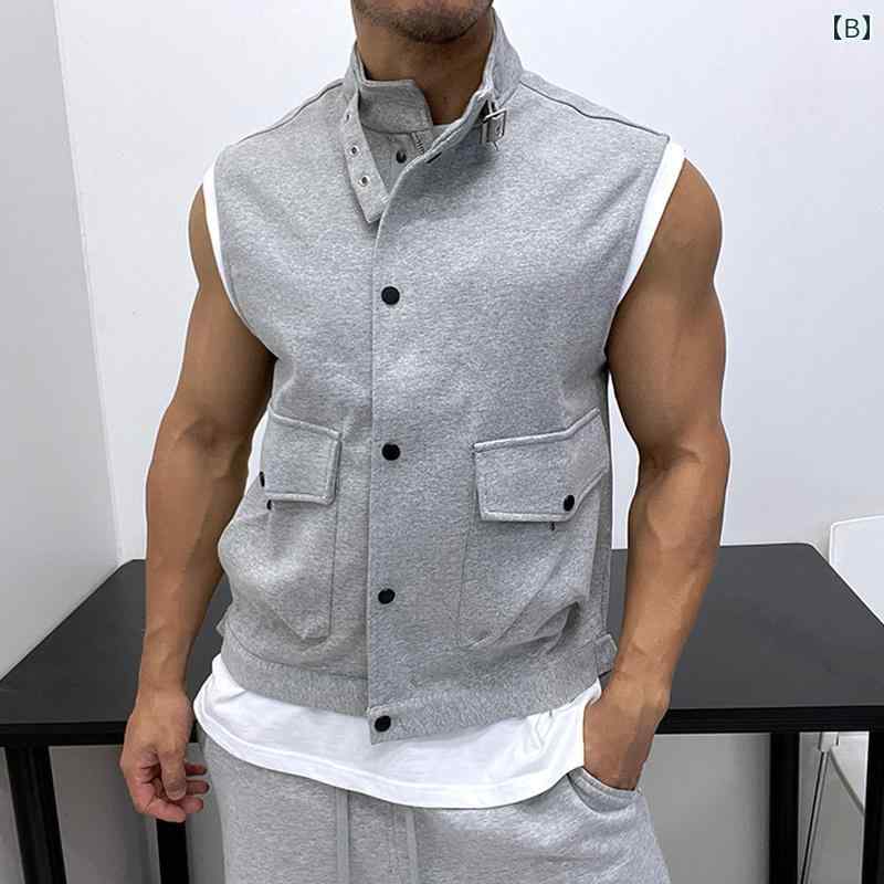 メンズ 質感 厚手 ボタン ジッパー ノースリーブ ベスト スウェット シャツ ジャケット ワイド シンプル