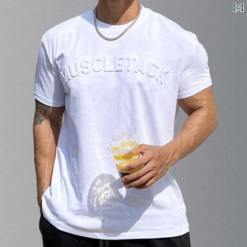 メンズ ラウンドネック フィットネス ステンシル Tシャツ 肩パッド 腕 り 肩 幅 表 スポーツ トレーニング 半袖