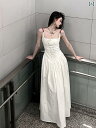 レディース ファッション おしゃれ カジュアル 普段使い デート 女子会 秋 フレンチ 肩ひも ドレス 方 ウエスト 締める 海辺 休暇 ロング ドレス 花柄 スカート