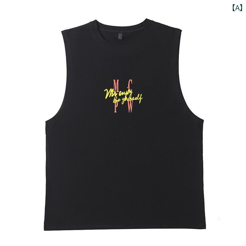 メンズ ブロード ショルダー ベスト プリント 夏 ノースリーブ Tシャツ スポーツ チョッキ フィットネス トップスス