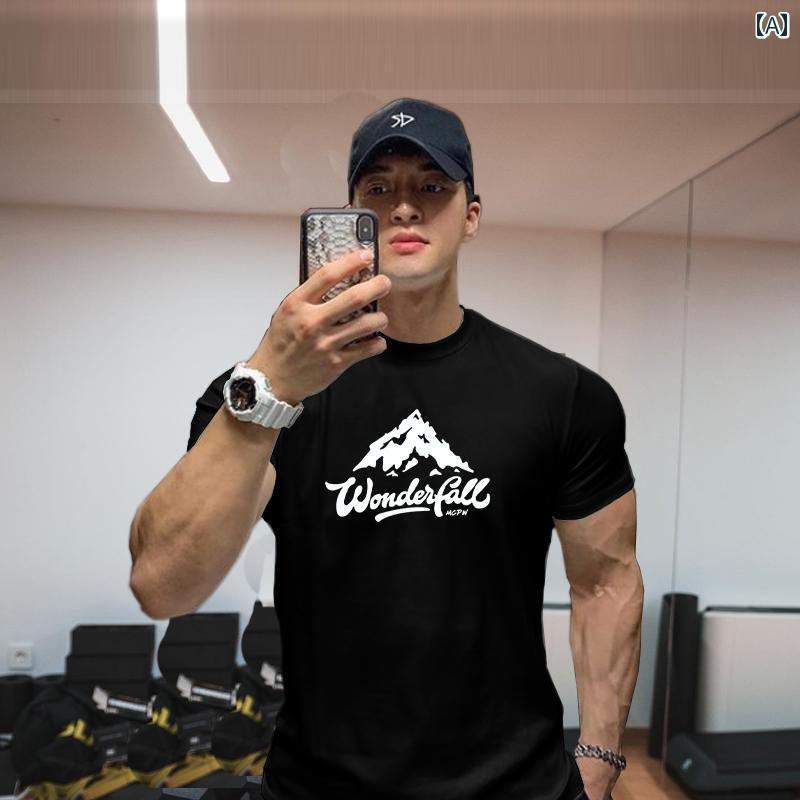 メンズ マウンテン ピーク プリント フィットネス 半袖 カジュアル スポーツ Tシャツ 夏 ラウンドネック 吸汗性 トレーニング ウェア