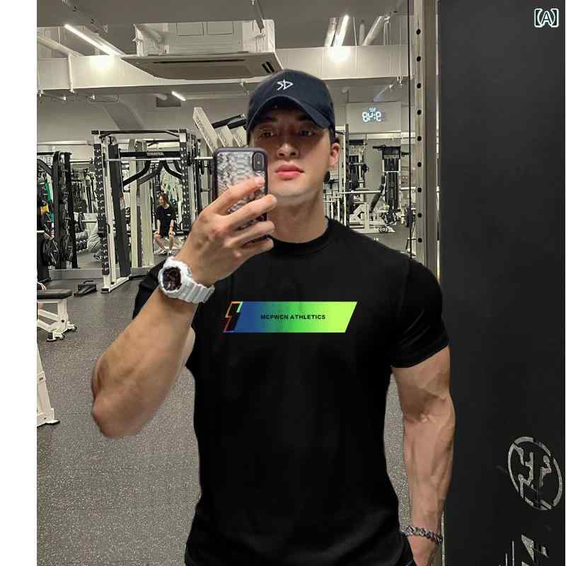 メンズ プリント フィットネス 半袖 カジュアル スポーツ Tシャツ 夏 ラウンドネック 吸汗 トレーニン..