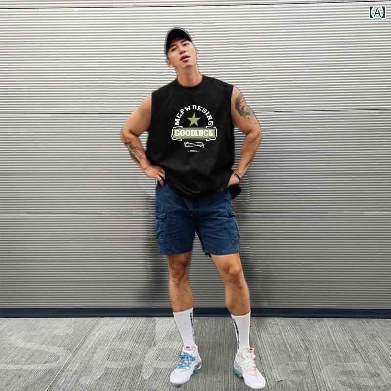 メンズ ノースリーブ ベスト Tシャツ カジュアル ラウンドネック チョッキ アメリカン スポーツ トップスス トレンド 夏