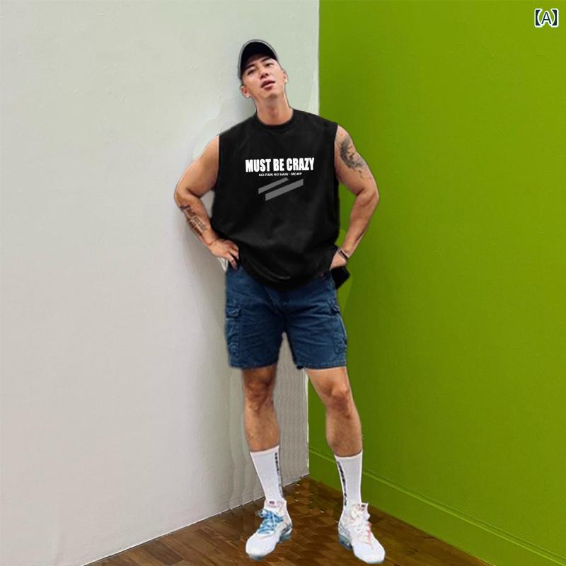 メンズ カジュアル ラウンドネック ベスト スウェット ベスト フィットネス スポーツ ノースリーブ トップスス Tシャツ 夏