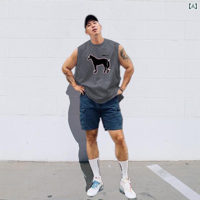 メンズ アニマル プリント ベスト フィットネス トレーニング ノースリーブ Tシャツ チョッキ カジュアル スポーツウェア