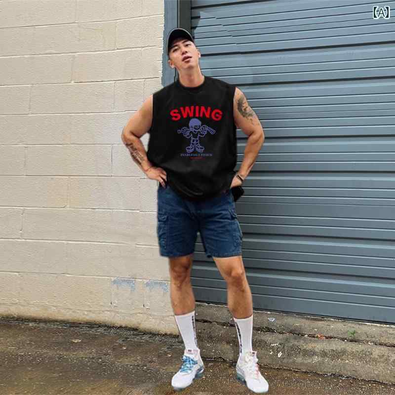 メンズ ワイド ショルダー スポーツ ベスト フィットネス ノースリーブ シャツ アメリカン チョッキ プリント カジュアル トップスス