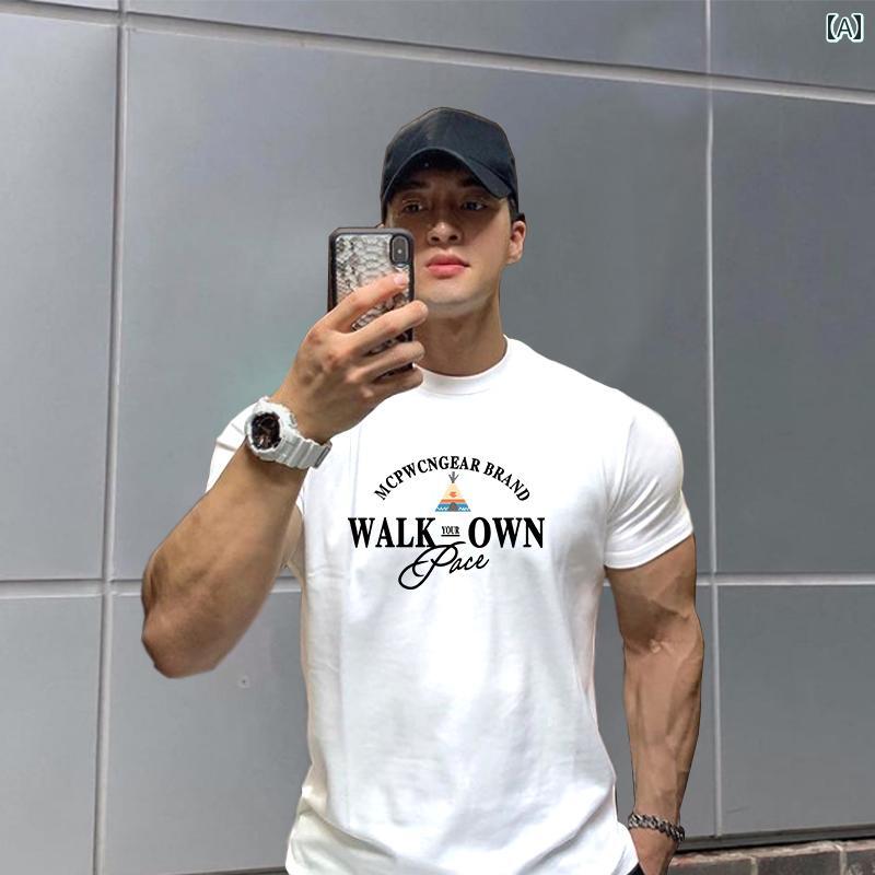 メンズ 半袖 夏 カジュアル ラウンドネック テント ィ プリント シャツ スポーツ コットン スリムフィ..