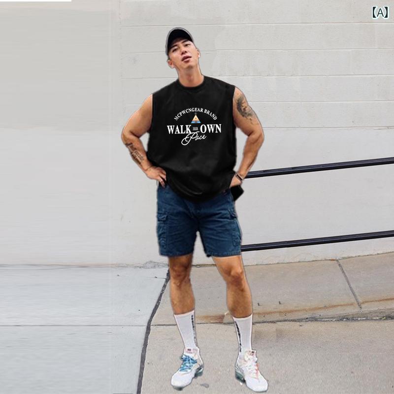 メンズ テント プリント ベスト アメリカ ノースリーブ シャツ スポーツ レジャー フィットネス 衣装