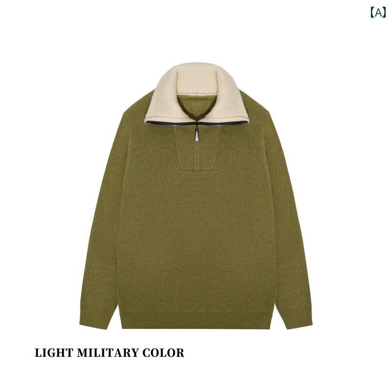 セーター メンズ ニット レディース トップス 秋冬 ハーフジップ 襟 ボタン コントラストカラー グリーン グレー イエロー
