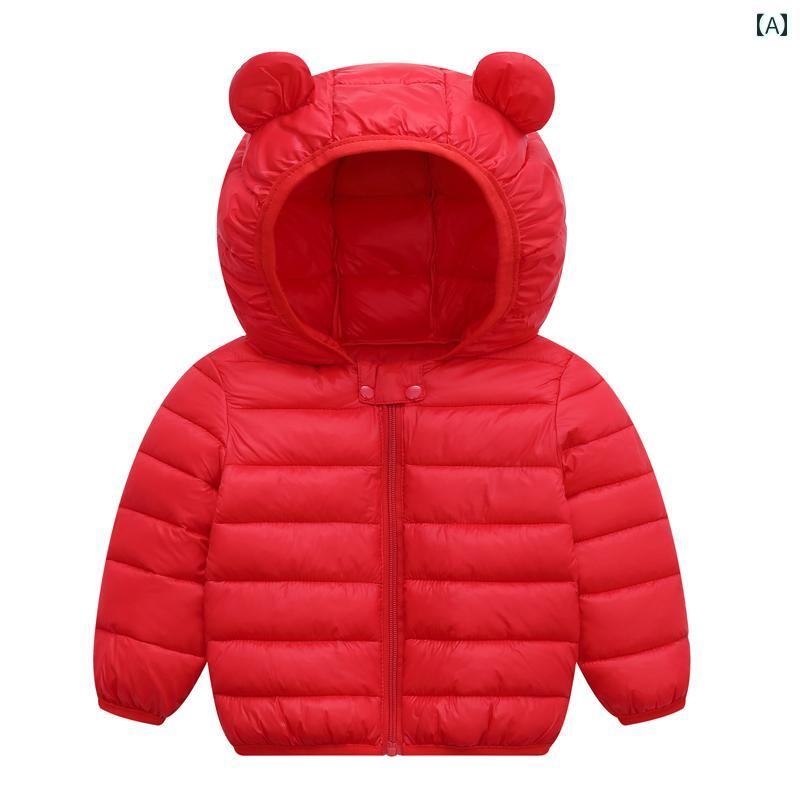 ダウンジャケット キッズ コート 子供服 アウター かわいい 秋冬 ベビー 軽量 涼しい 男の子 女の子 フード 耳 レッド ブラック ブルー