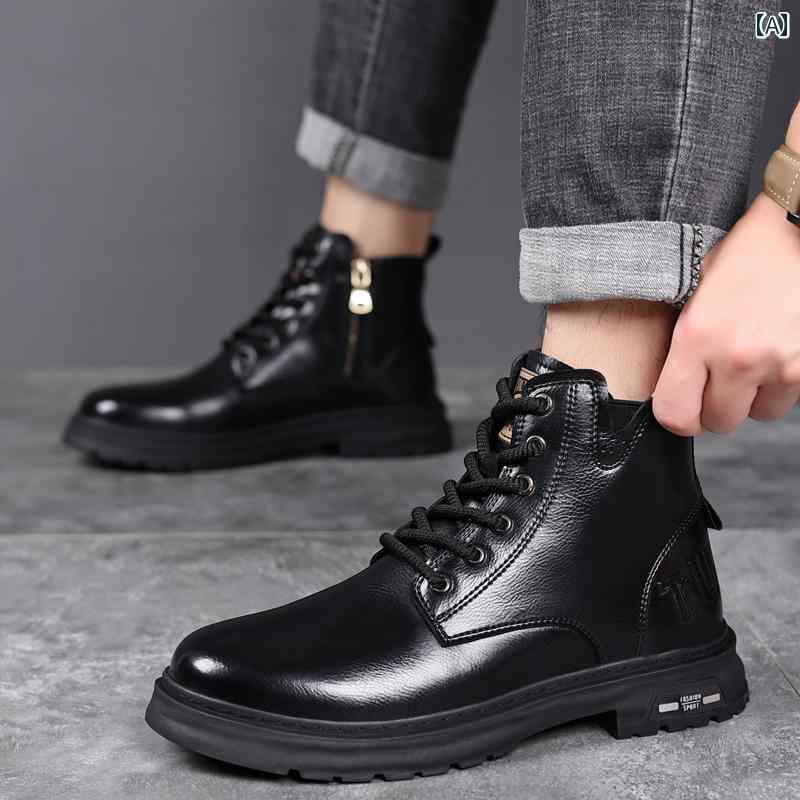 ショートブーツ メンズ 秋冬 レースアップ シューズ 靴 厚 ハイカット 革靴 バイク ブラック ブラウン