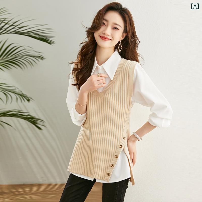 セットアップ レディース カジュアル おしゃれ デート 女子会 ベスト シャツ 2点 セット 春 服 ニット ベスト トップス