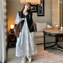セットアップ レディース カジュアル おしゃれ デート 女子会 フランス 花柄 ドレス 春秋 休暇 お腹 覆う 妊婦 マタニティ レザーベスト スカート 2点 セット