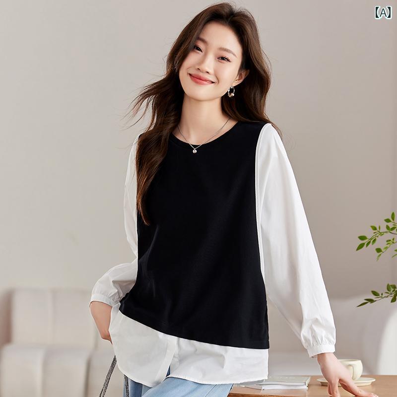 レディース トップス カジュアル おしゃれ シャツ 春 フェイクセットアップ 重ね着風 トップス 体型カバー 長袖 シャツ