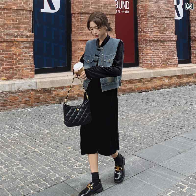 セットアップ レディース カジュアル おしゃれ デート 女子会 黒 起毛 ドレス レトロ リトル ブラック ドレス チャイナ風 ベスト セット(4)