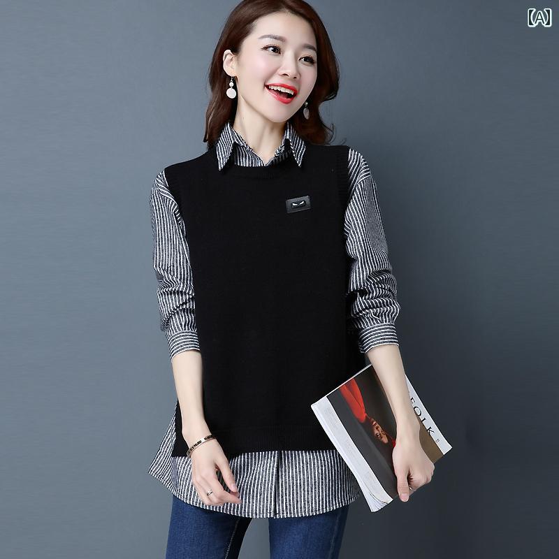 セットアップ レディース カジュアル おしゃれ デート 女子会 春秋 シャツ ベスト 早春 セット 西洋 ニット セーター ベスト ストライプシャツ