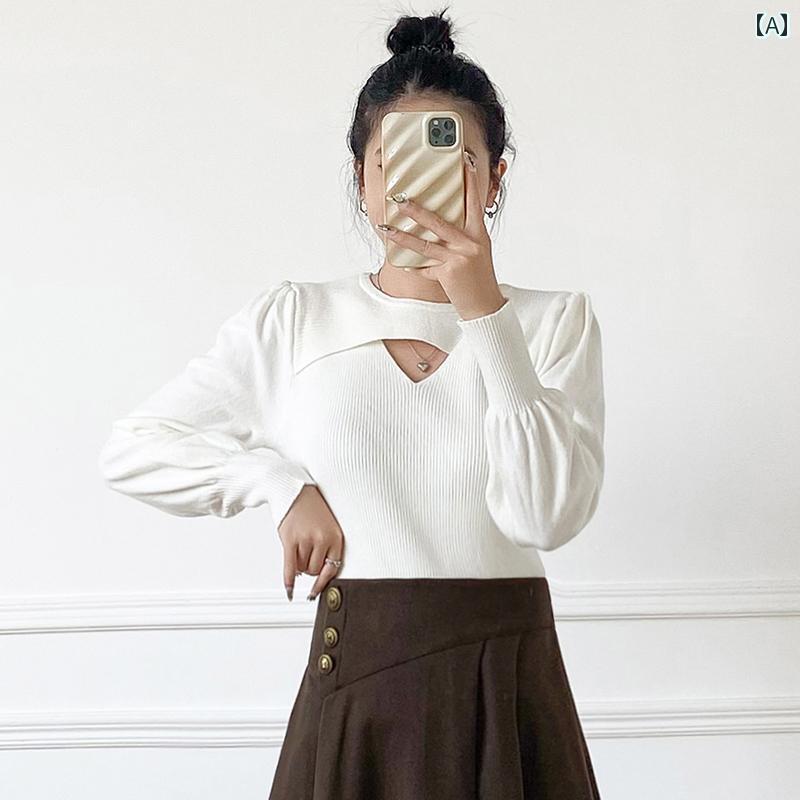 レディース トップス カジュアル おしゃれ 冬 韓国 スリムフィット シャツ 長袖 セーター ランタン スリーブ セーター 通勤