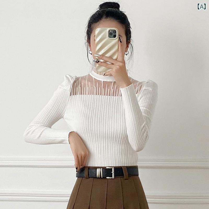 レディース トップス カジュアル おしゃれ ハイネック シースルー 透け感 透け感 透け感 セーター 冬 長袖 スリム インナー セーター スリム ボトム シャツ トレンド 白