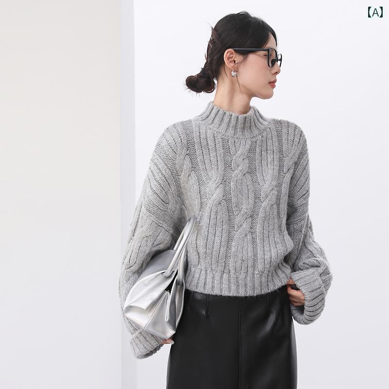 レディース トップス カジュアル おしゃれ レトロ ツイスト ハーフ タートルネック ショート セーター 秋冬 グレー セーター(4)